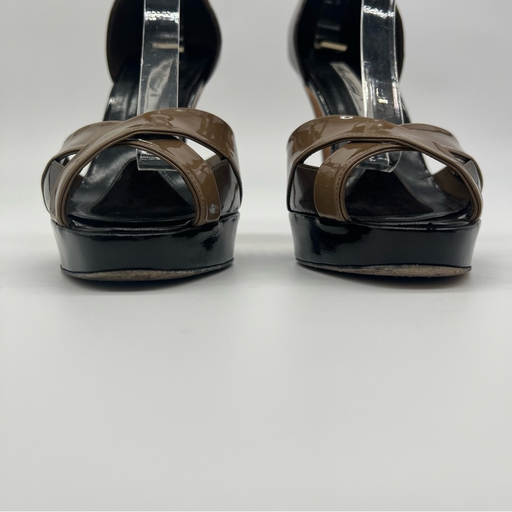 Brian Atwood Peep Toe Platform Heels Brown Patent Leather Sz 8 Sexy - Picture 5 of 13